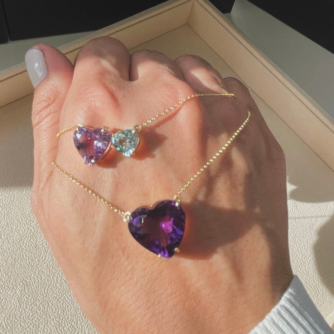 Pink & Blue Hearts Necklace - 18K Solid Yellow Gold - Amethyst and Blue Topaz