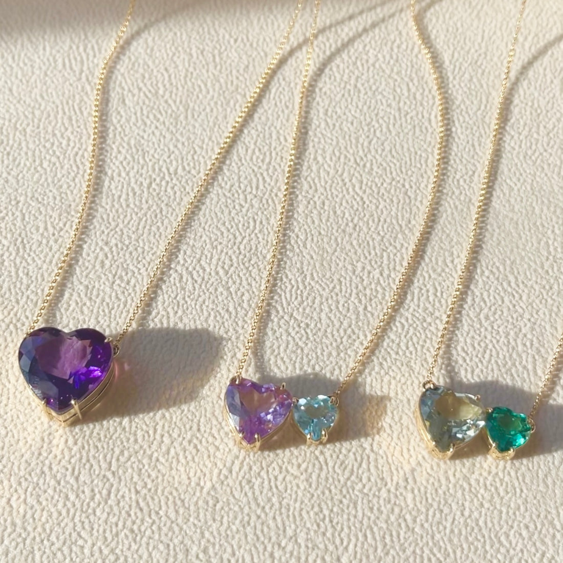 Pink & Blue Hearts Necklace - 18K Solid Yellow Gold - Amethyst and Blue Topaz