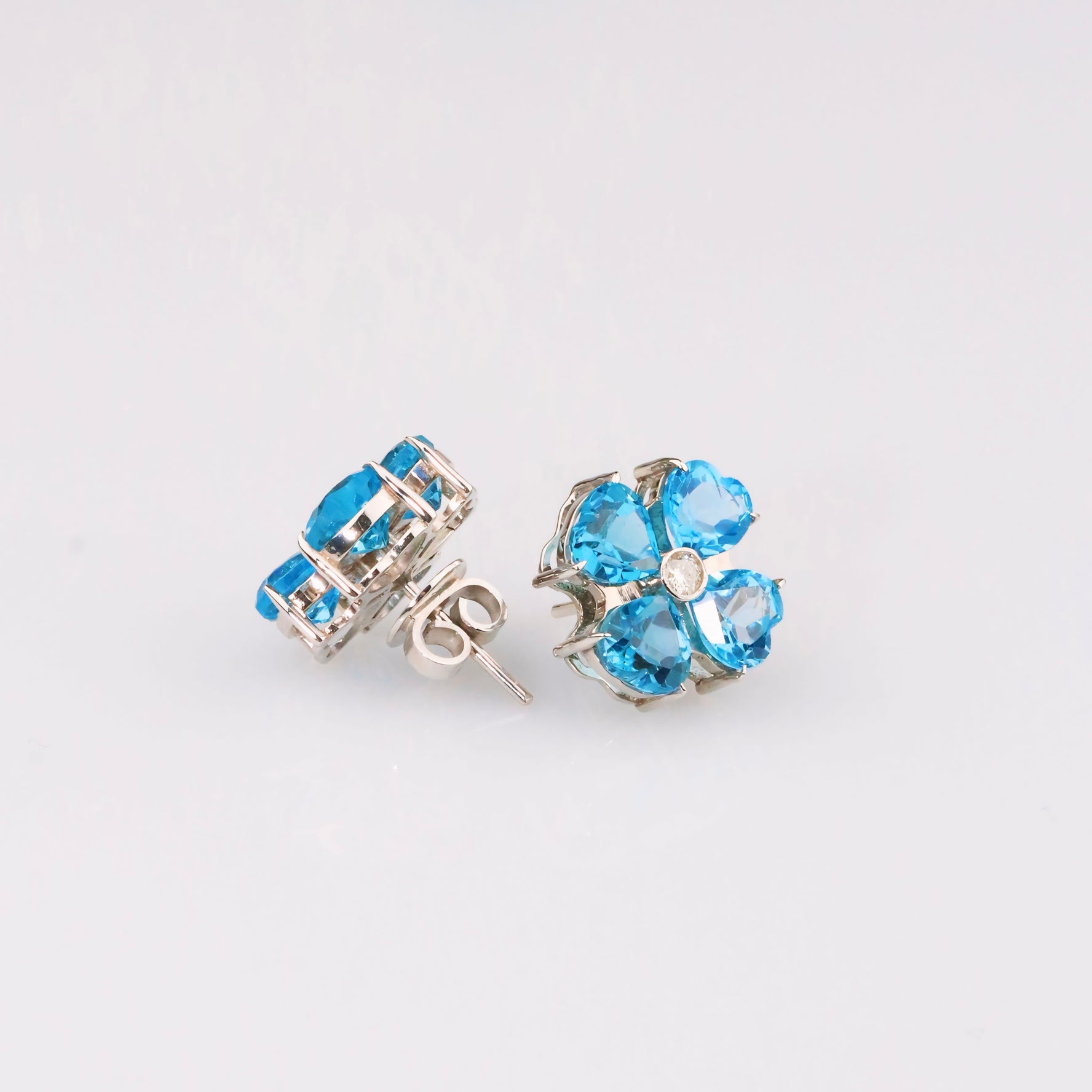 Blue Flower Earrings & Diamond - 18K Solid White Gold