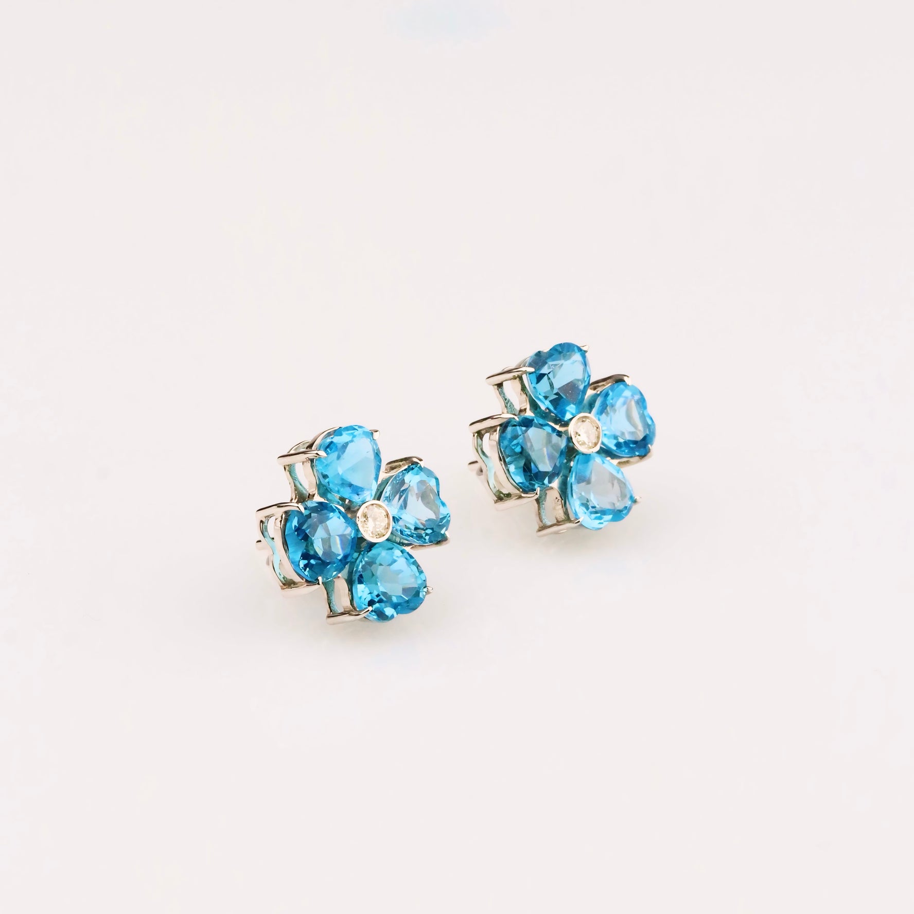 Blue Flower Earrings & Diamond - 18K Solid White Gold