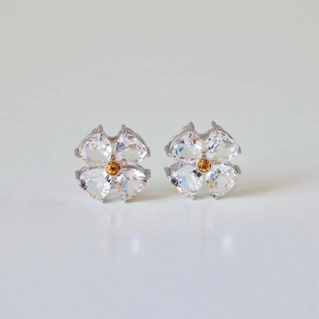 Flower Earrings & Citrine - 18K Solid White Gold