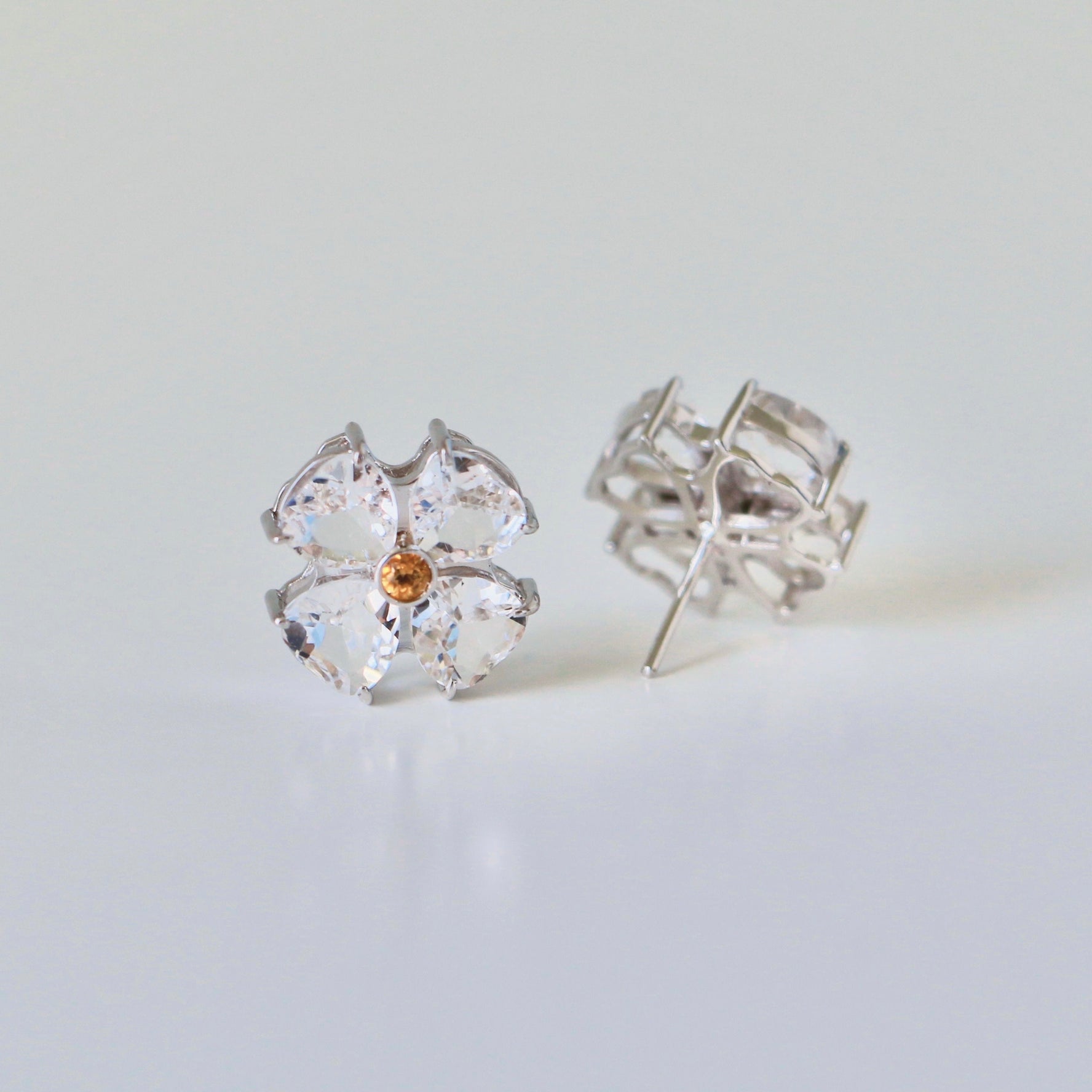 Flower Earrings & Citrine - 18K Solid White Gold