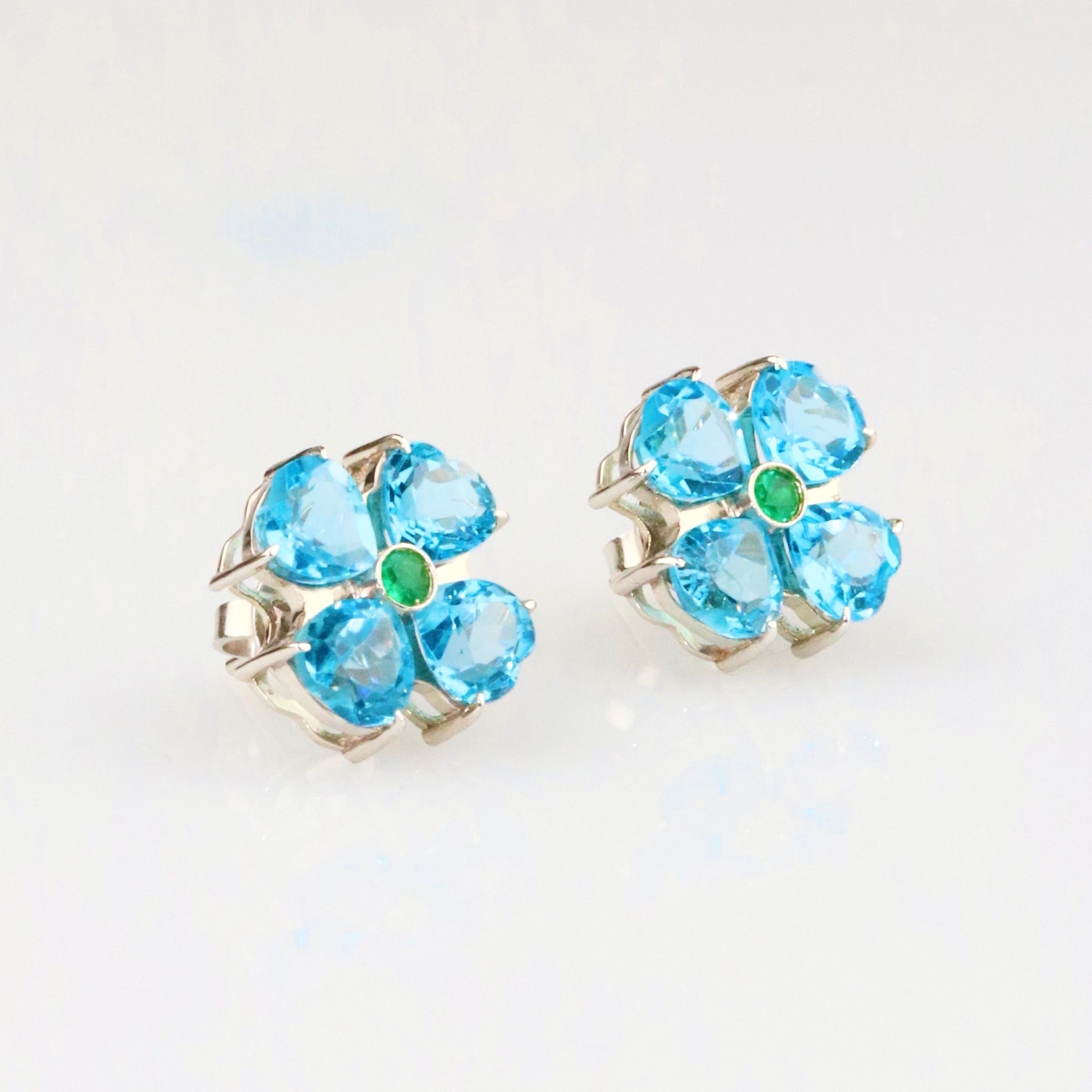 Blue Flower Earrings & Emerald - 18K Solid White Gold