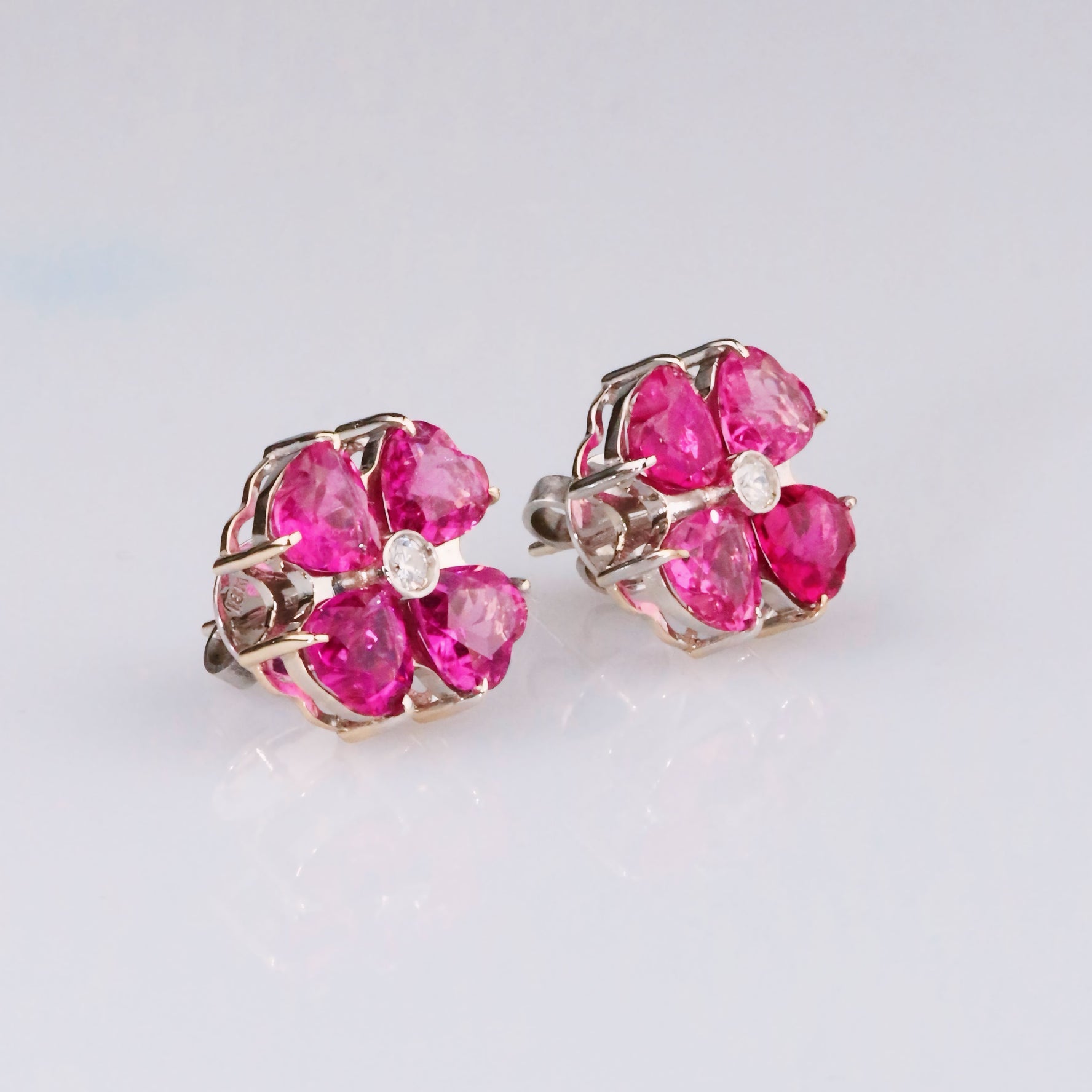 Pink Tourmaline Flower Earrings & Diamond - 18K Solid Gold