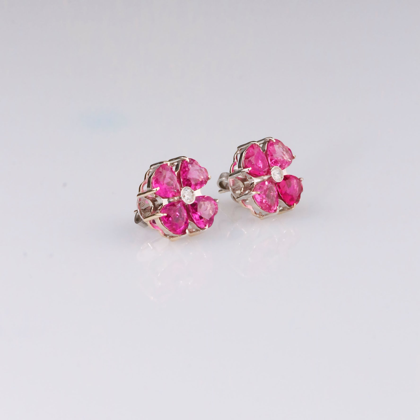 Pink Tourmaline Flower Earrings & Diamond - 18K Solid Gold