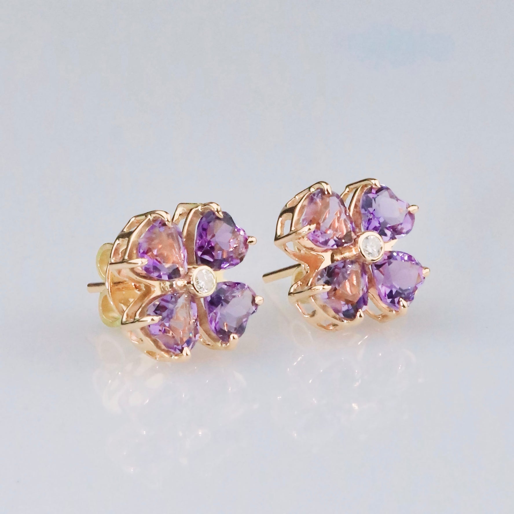 Purple Flower Earrings & Diamond - 18K Solid Gold