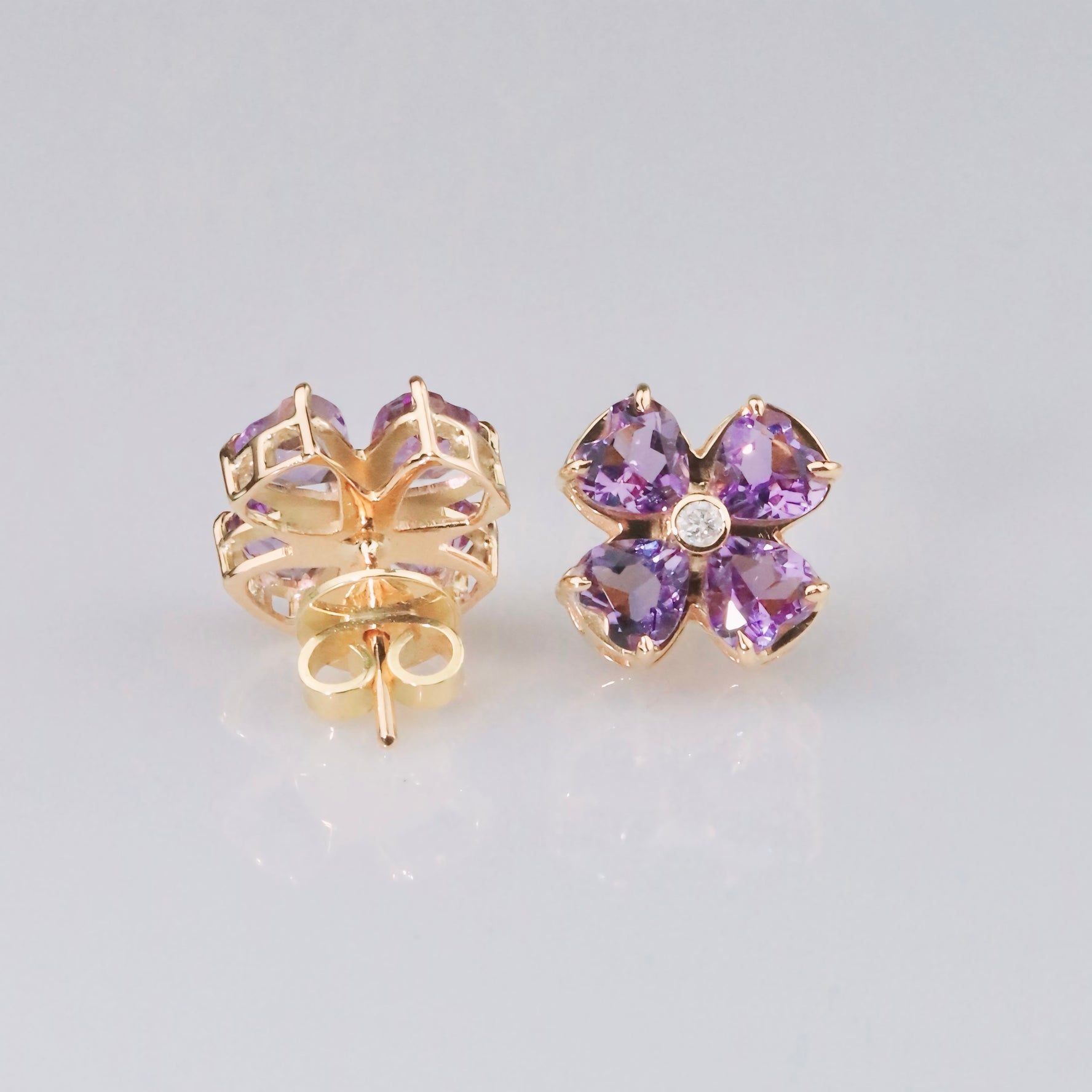 Purple Flower Earrings & Diamond - 18K Solid Gold