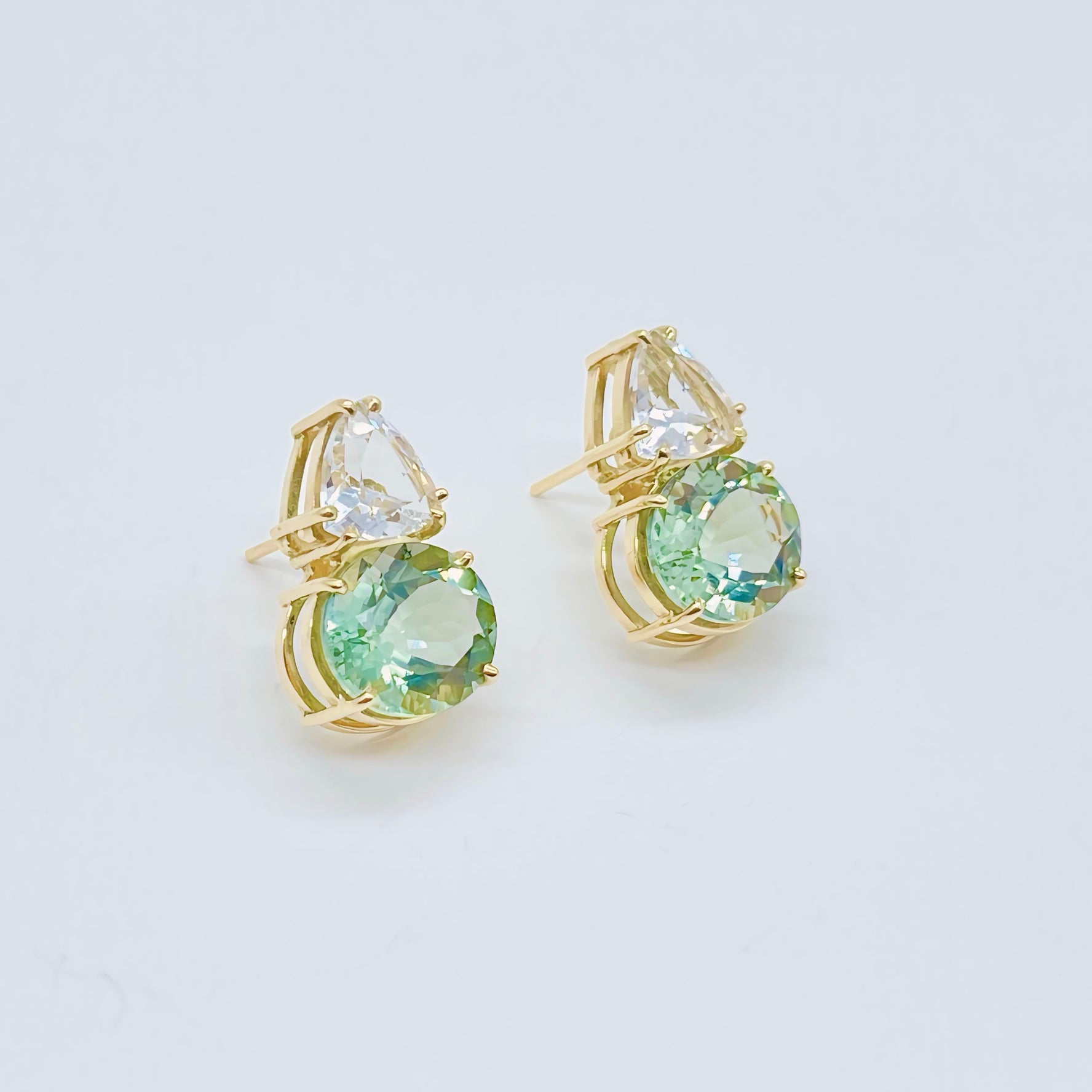 Pendant Earrings - 18K Solid Yellow Gold - Topaz and Prasiolite