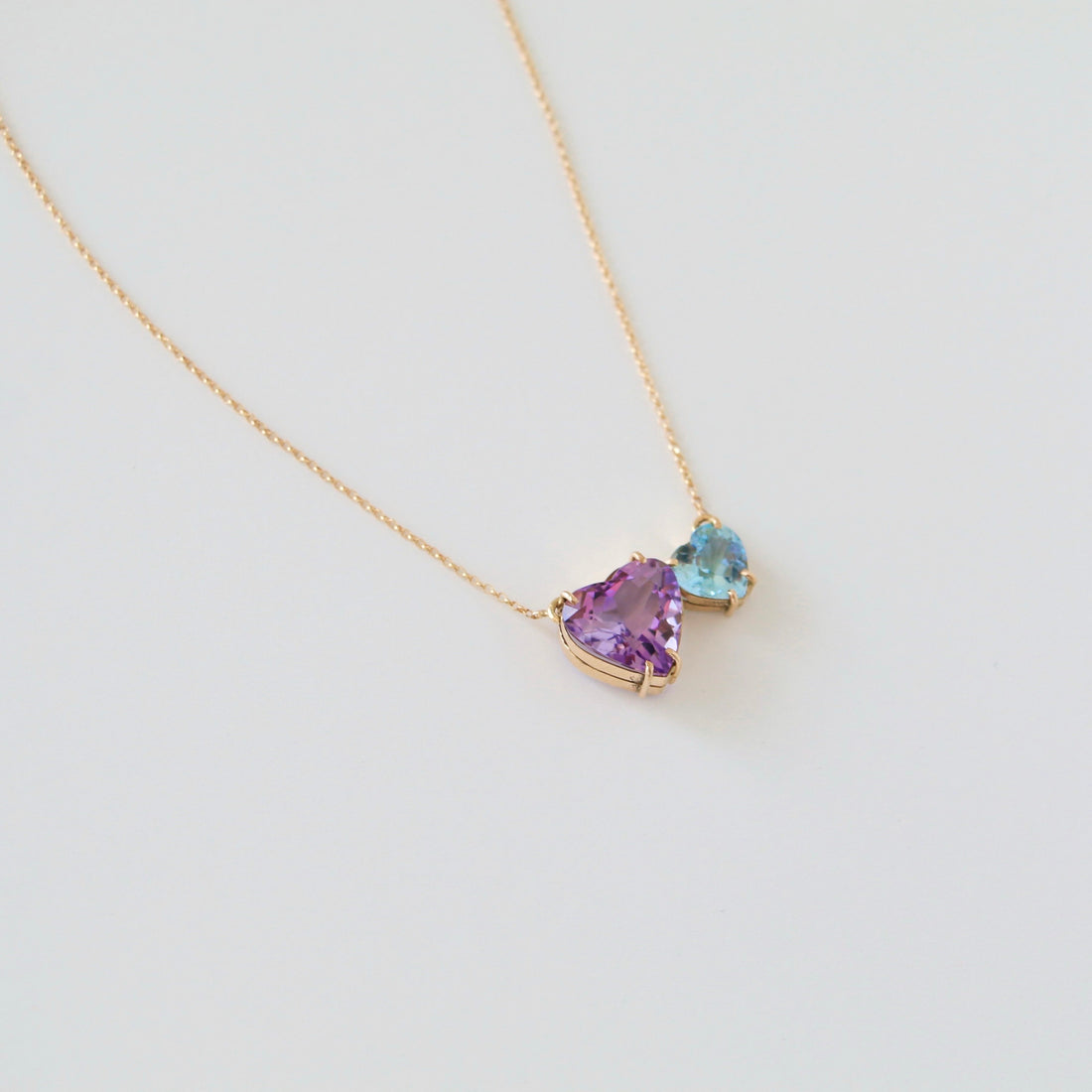 Pink & Blue Hearts Necklace - 18K Solid Yellow Gold - Amethyst and Blue Topaz