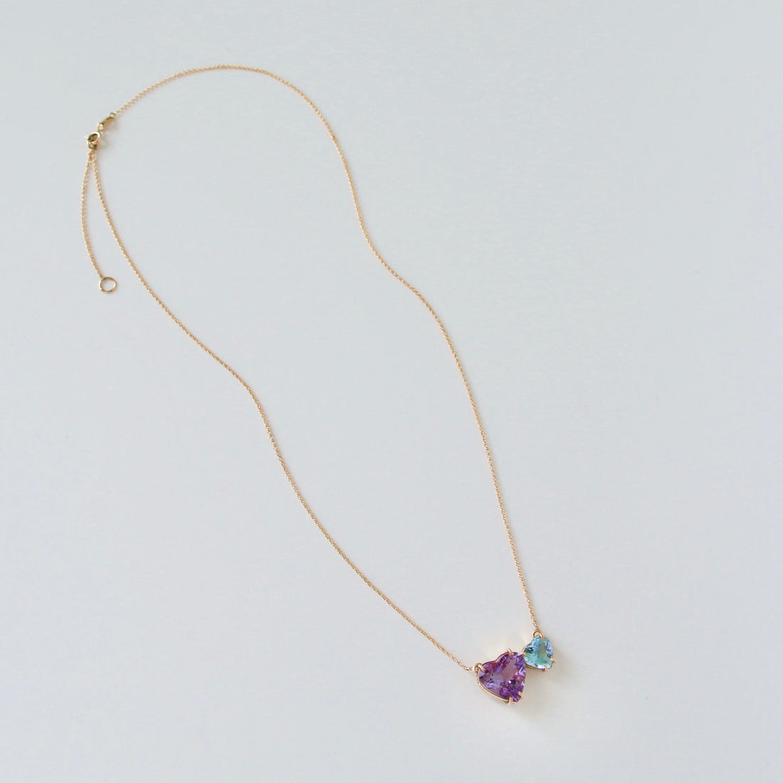 Pink & Blue Hearts Necklace - 18K Solid Yellow Gold - Amethyst and Blue Topaz