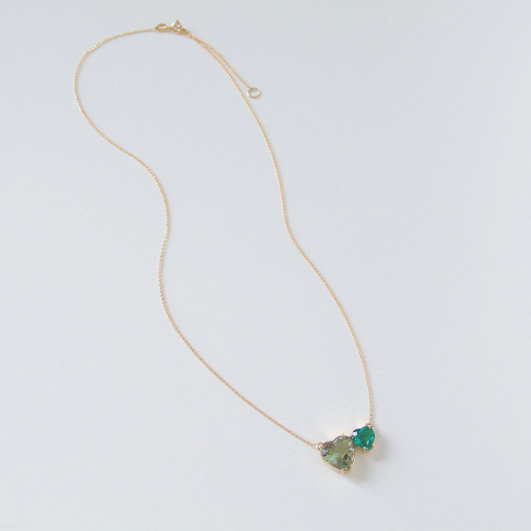 Green Hearts Necklace - 18K Solid Yellow Gold