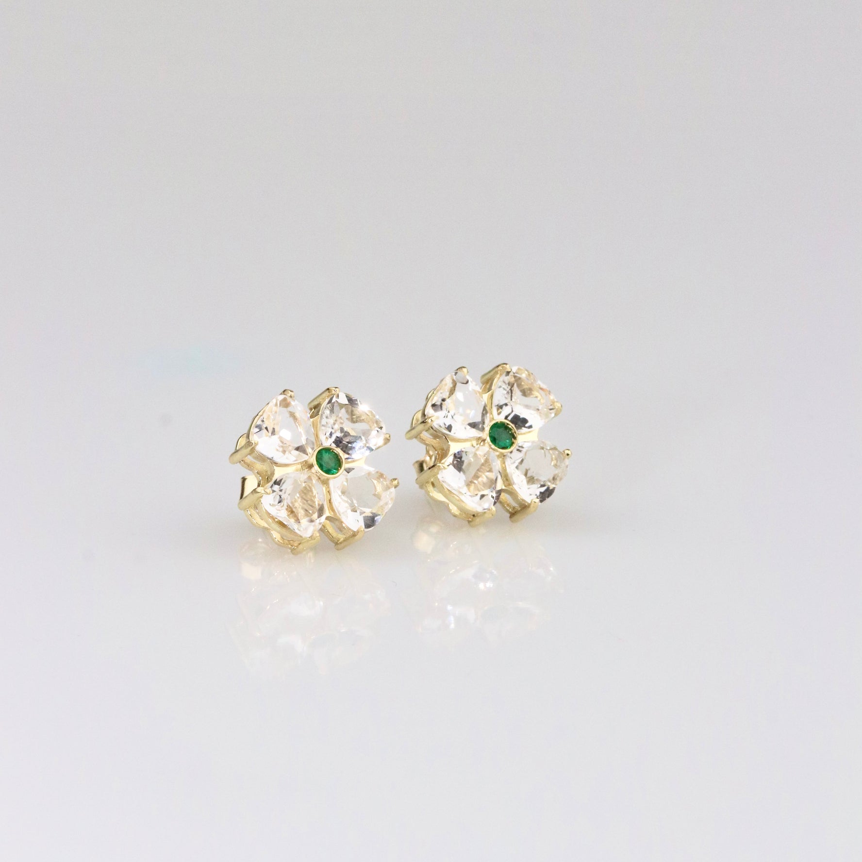 Flower Earrings & Emerald - 18K Solid Yellow Gold