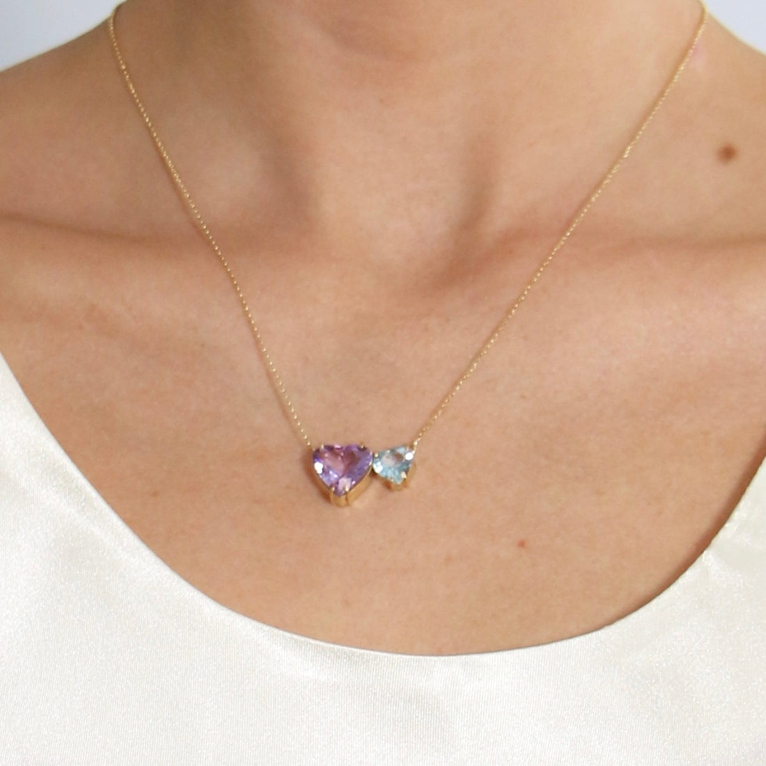 Pink & Blue Hearts Necklace - 18K Solid Yellow Gold - Amethyst and Blue Topaz